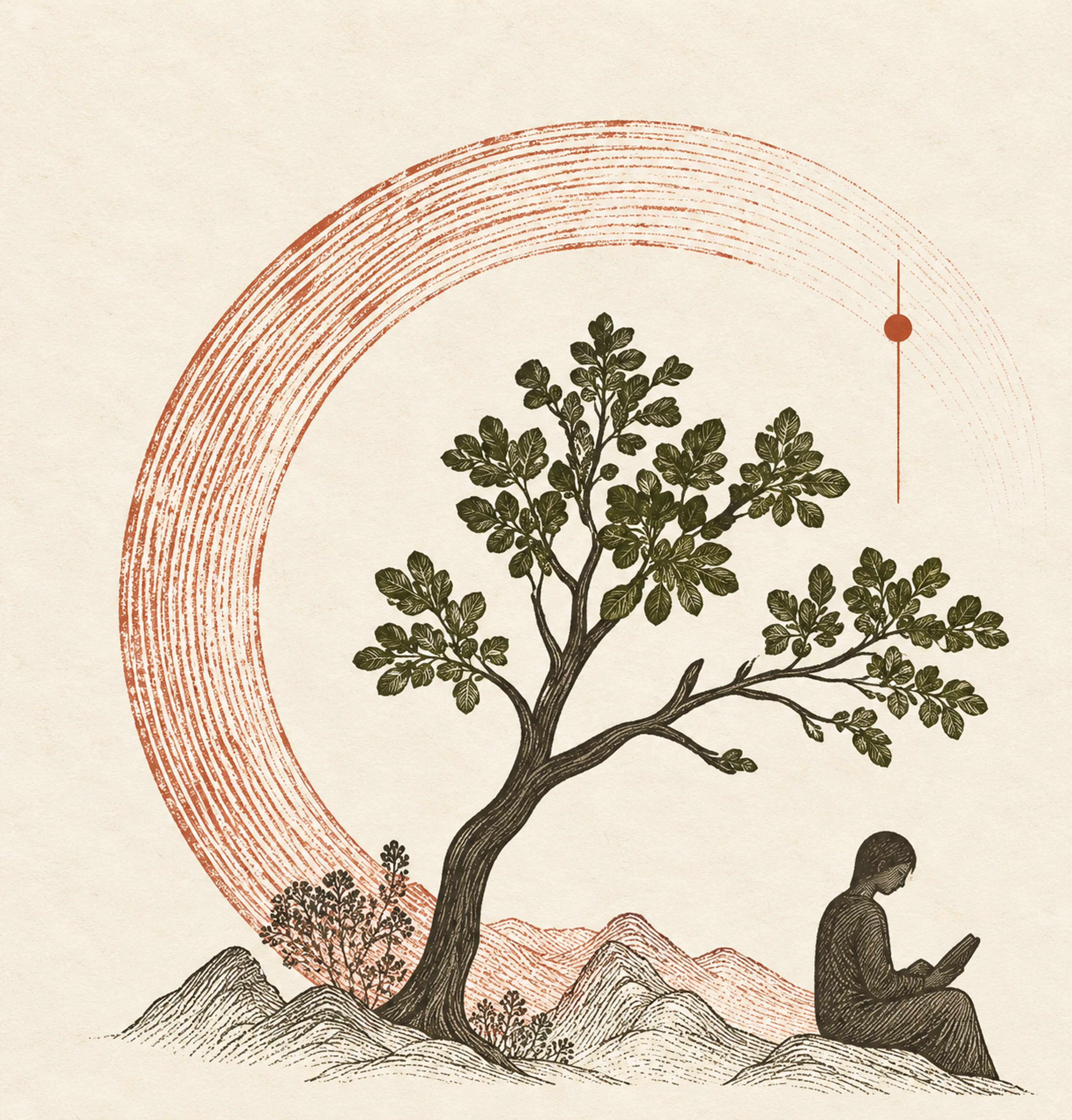 A learner reads beneath a tree encircled by a terracotta contour arc.
