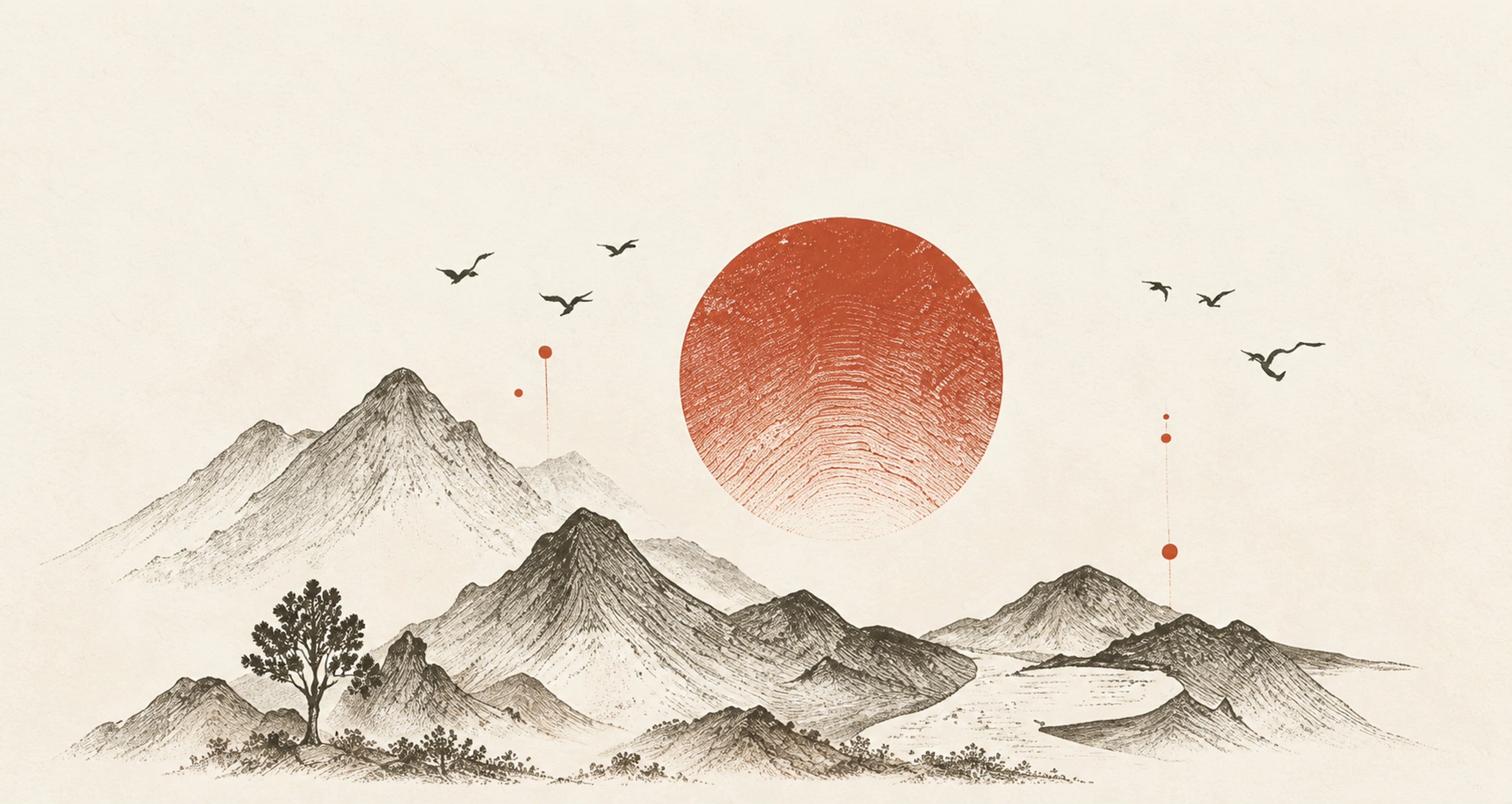 A terracotta sun rises over a quiet contour landscape with birds.